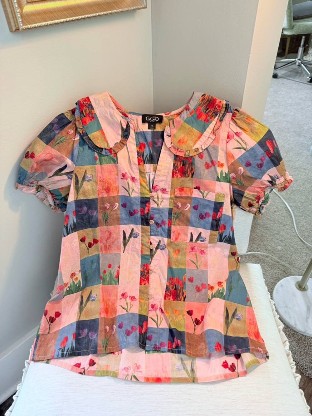 GiGio Floral Patchwork Short Sleeve Blouse in Multicolor-100% Cotton